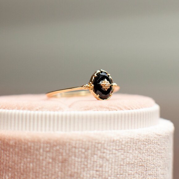 Black Agate Gold Signet Ring, Gold Vermeil Rings, Stackable Gold Ring - Picture 6 of 10